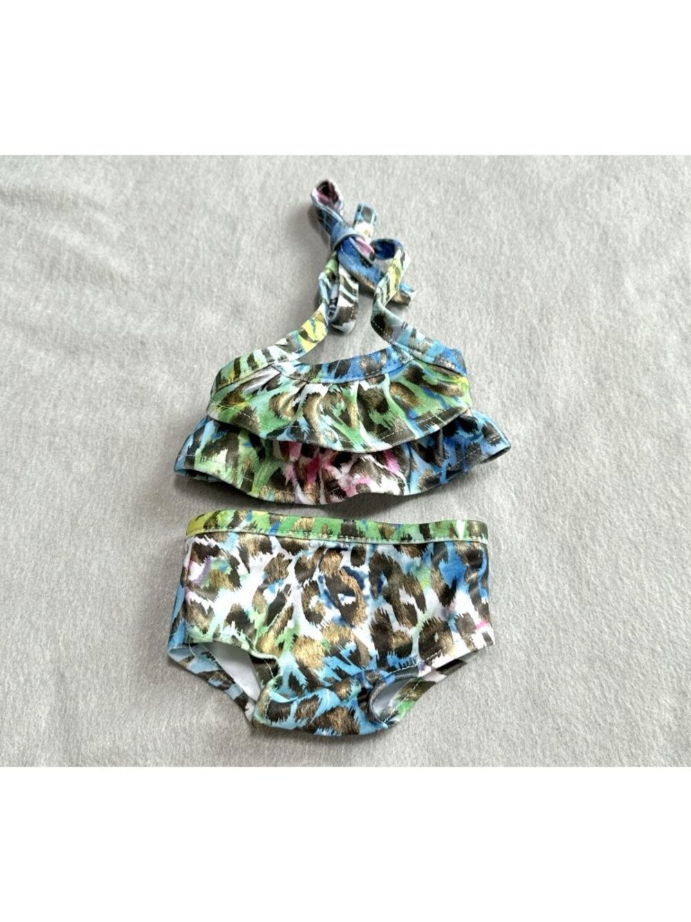 Doll Swimsuit For 18” Doll 2 Piece Suit Ruffles Halter Animal Print Metallic